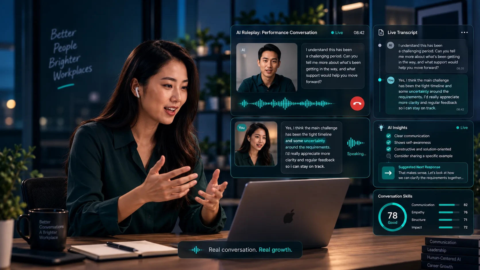 Professional practicing a performance conversation with RoleplAI
